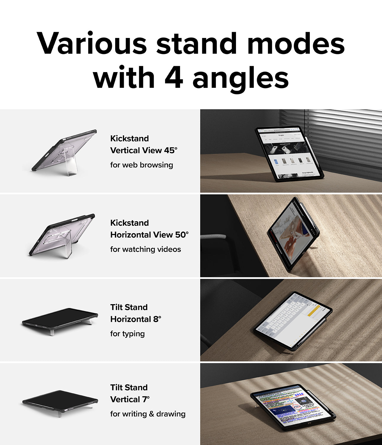 Fusion Sketch Stand | iPad - Fusion Sketch Stand - Four iPad stand modes showing vertical and horizontal angles for browsing, video, typing, and drawing.