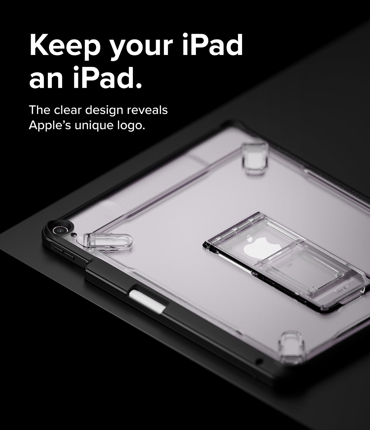 Fusion Sketch Stand | iPad - A clear protective case on an iPad showing the Apple logo and an integrated folding kickstand.