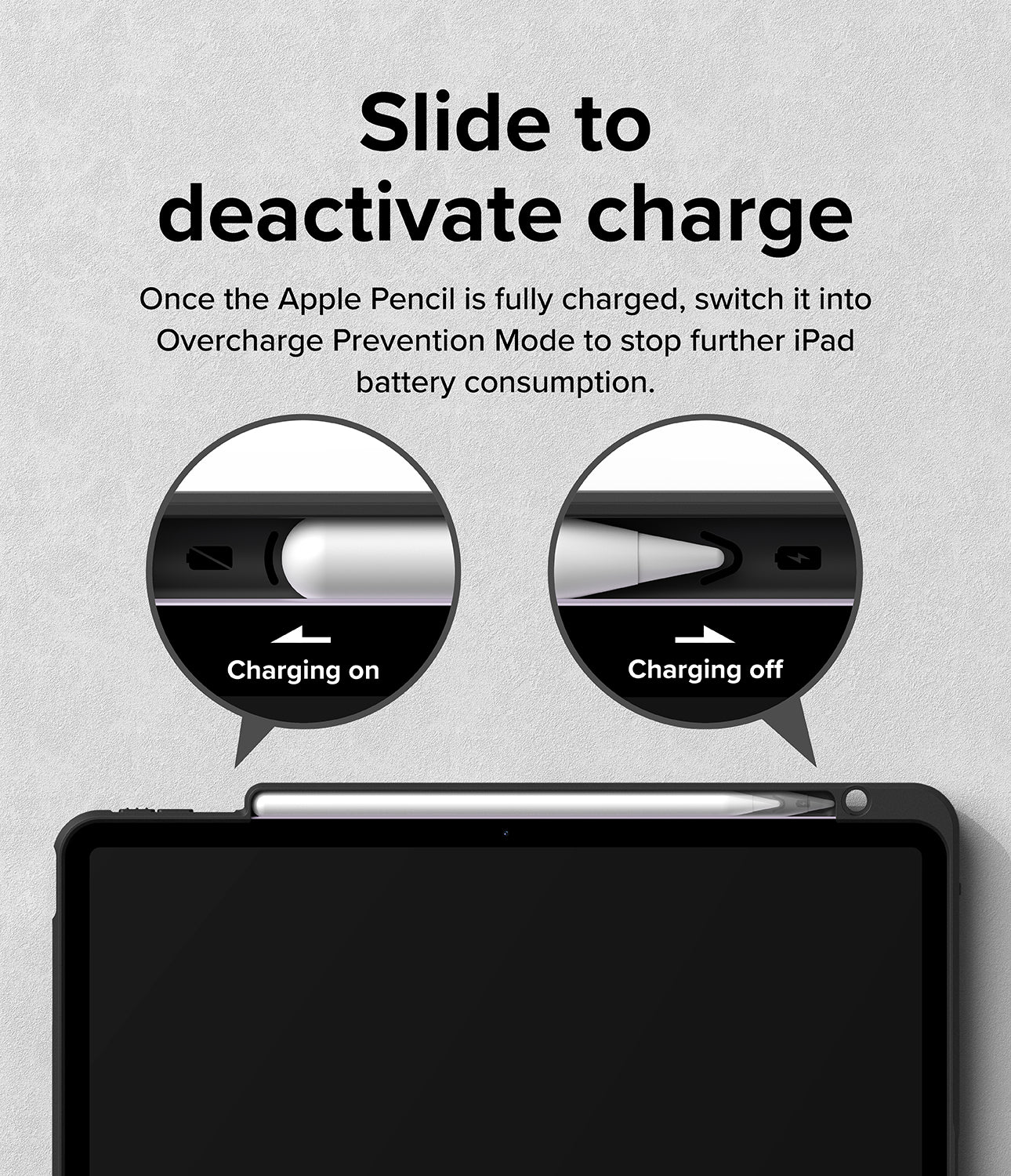 Fusion Sketch Stand | iPad - Diagram showing how to slide the Apple Pencil to toggle charging on or off on an iPad.