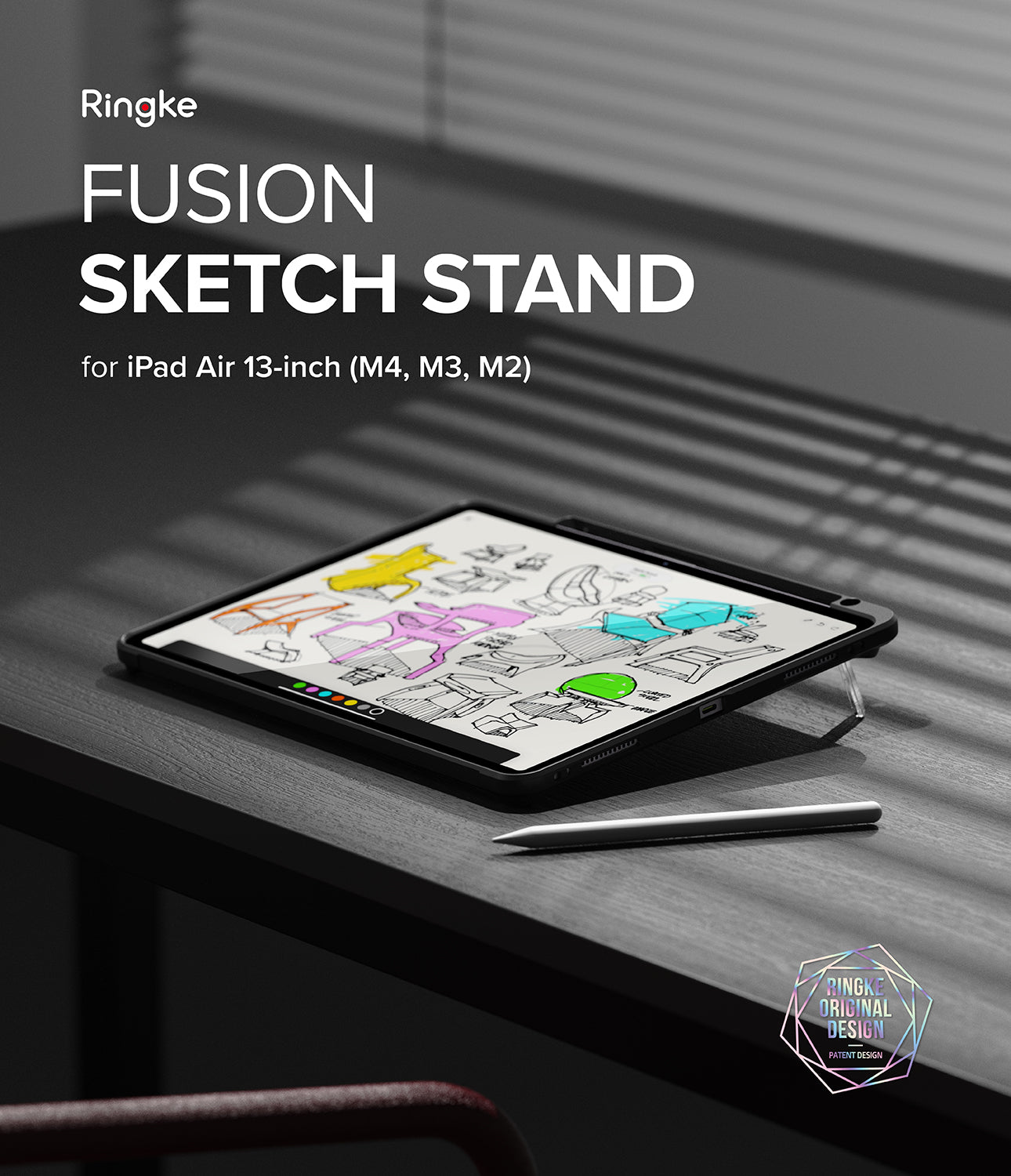 Fusion Sketch Stand | iPad - Fusion Sketch Stand - iPad Air 13-inch propped up on a desk with a stylus nearby, displaying colorful digital sketches.