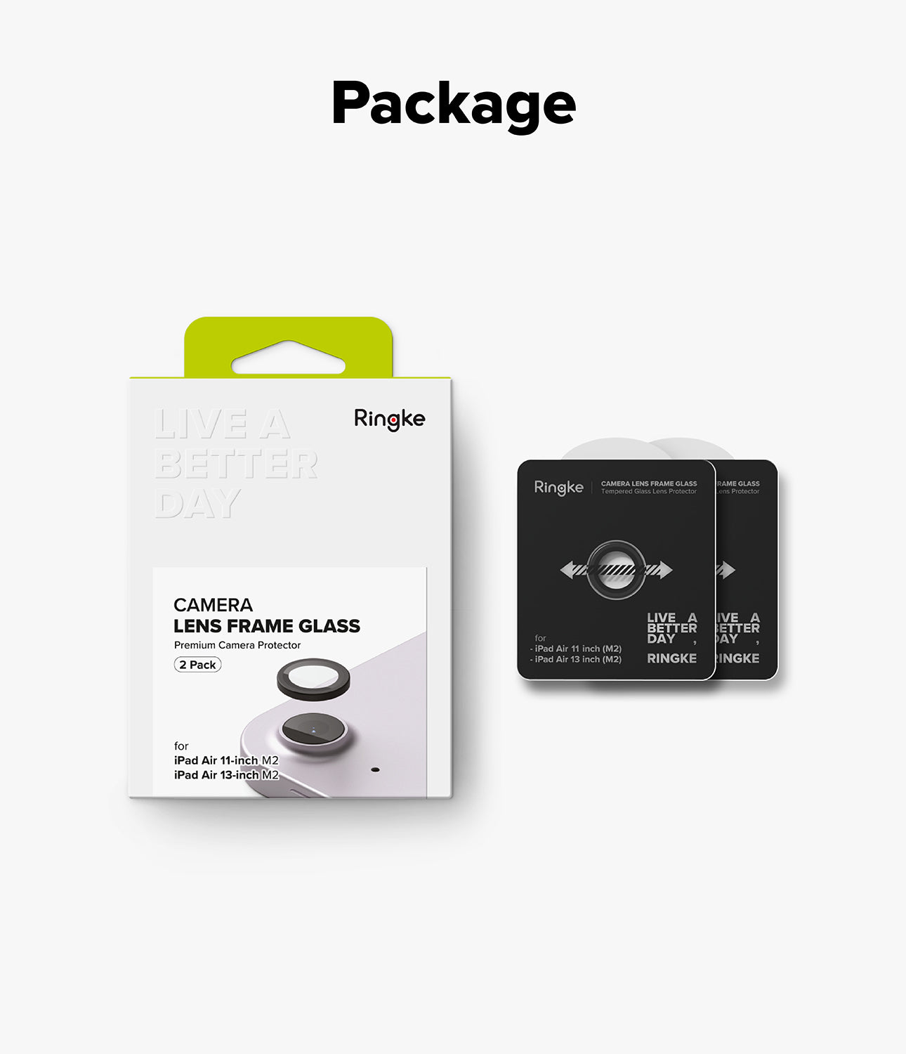 Camera Lens Frame Glass | iPad - Ringke camera lens protector packaging and two black tempered glass lens covers.