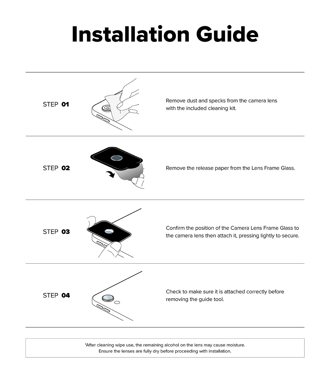 Camera Lens Frame Glass | iPad - Four-step illustrated guide showing how to clean, peel, align, and install the camera lens protector.