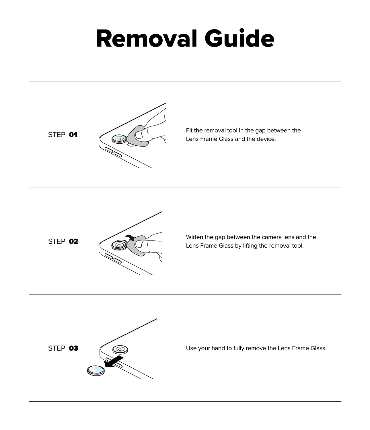 Camera Lens Frame Glass | iPad - Three-step illustrated guide showing how to remove a lens protector using a tool.