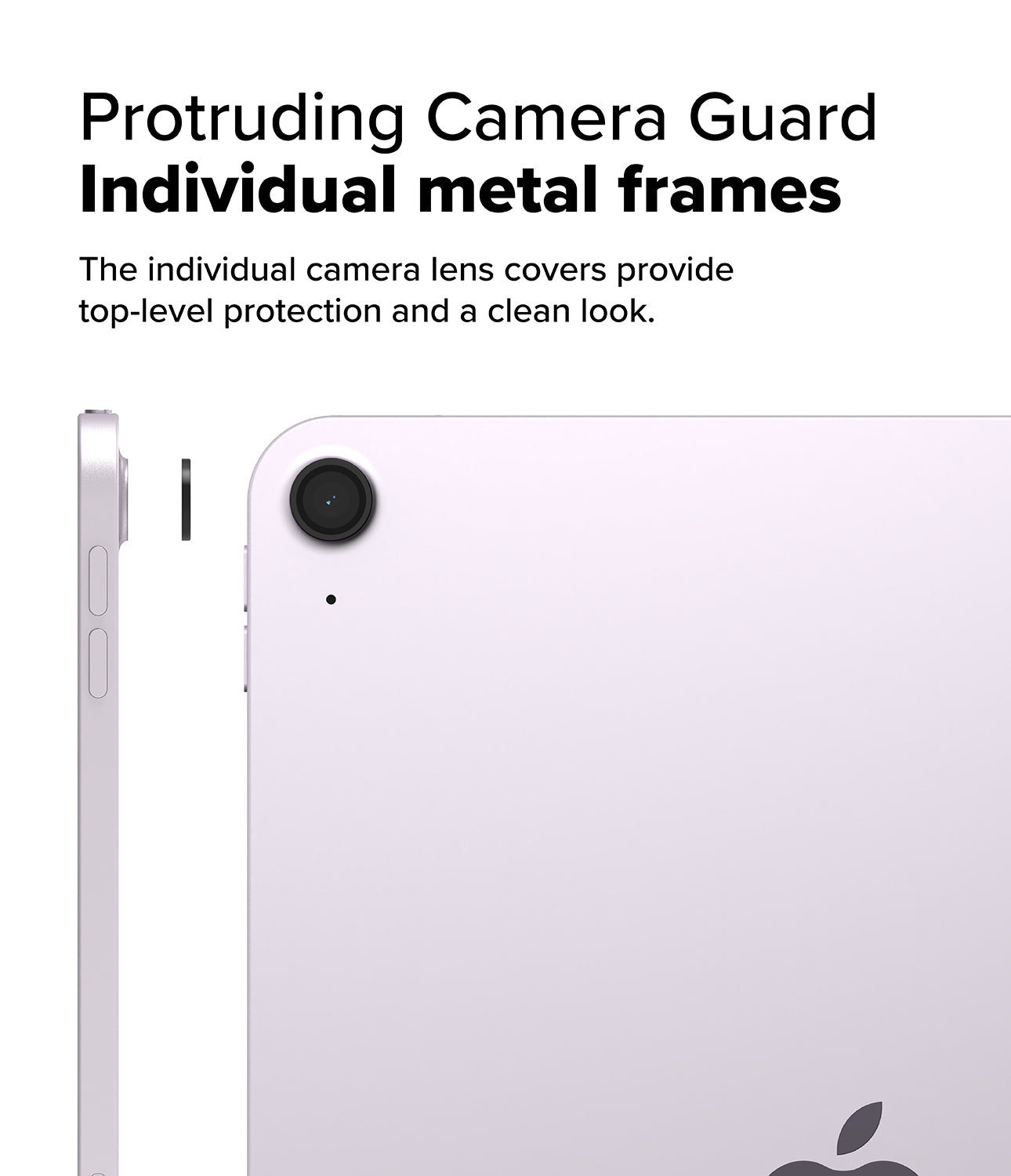 Camera Lens Frame Glass | iPad - A purple iPad with a protective black metal camera lens cover being applied.
