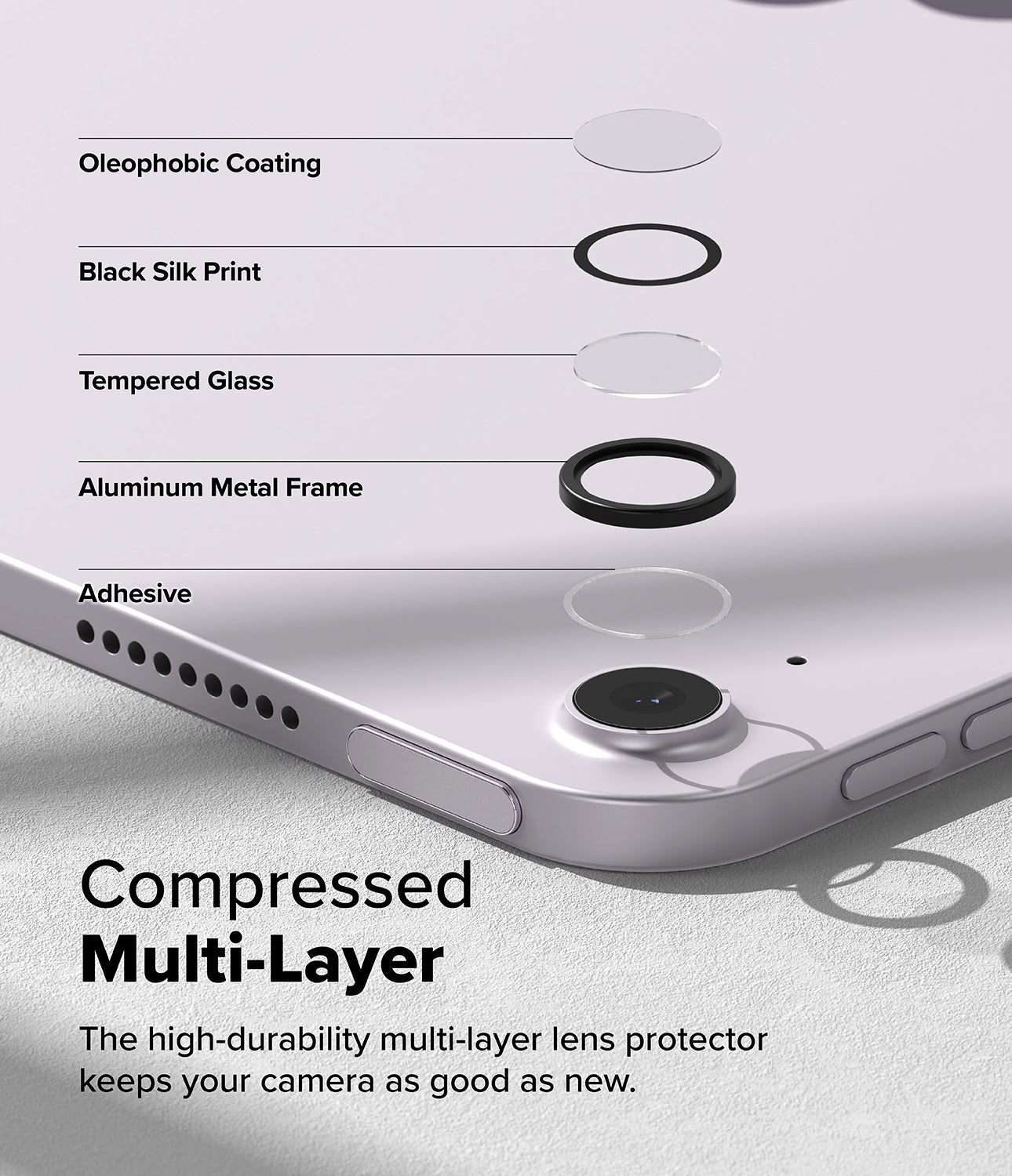 Camera Lens Frame Glass | iPad - Exploded view of multi-layer camera lens protector components above an iPad camera.