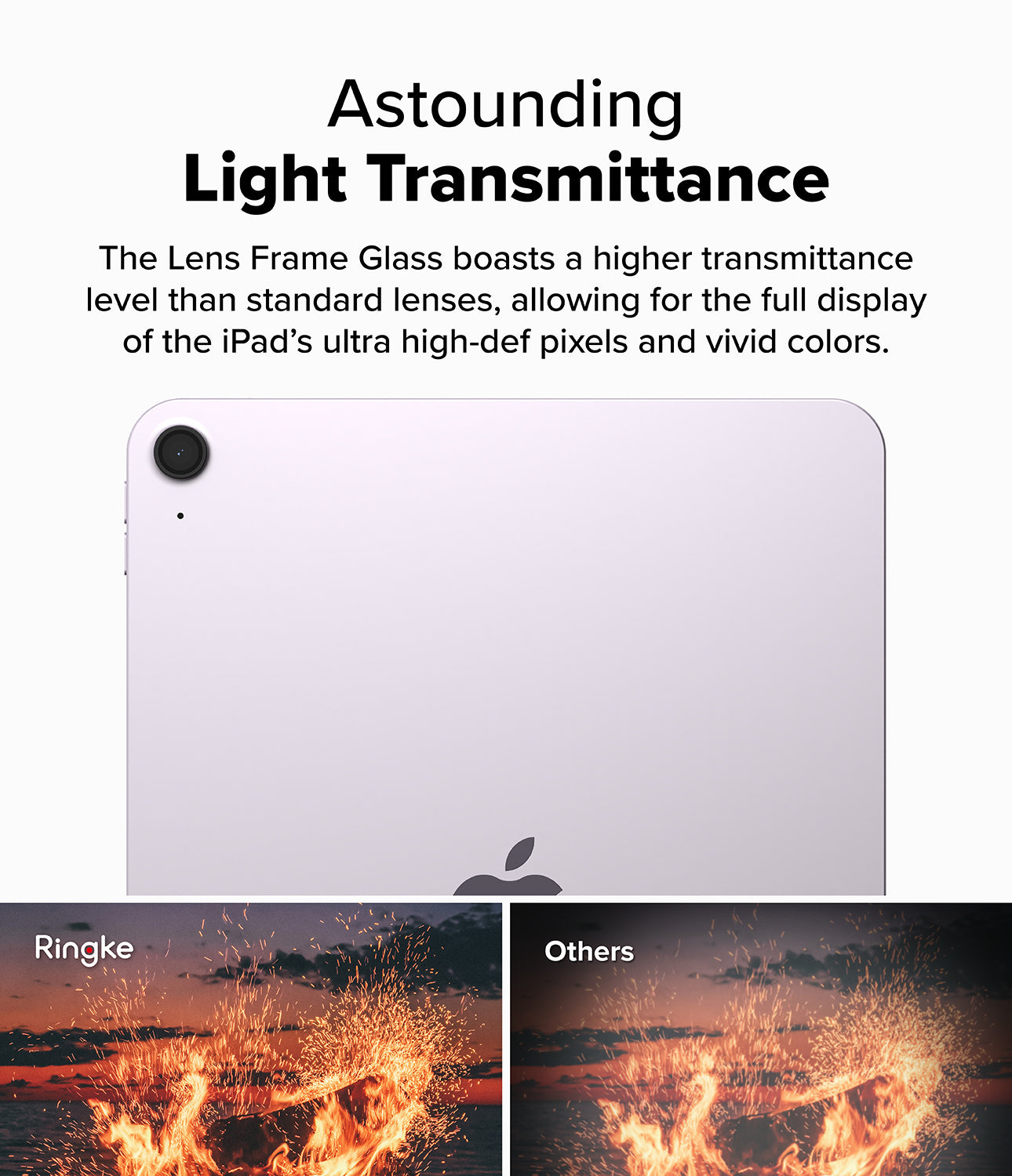 Camera Lens Frame Glass | iPad - Comparison showing brighter, clearer fire imagery with Ringke lens glass versus others.