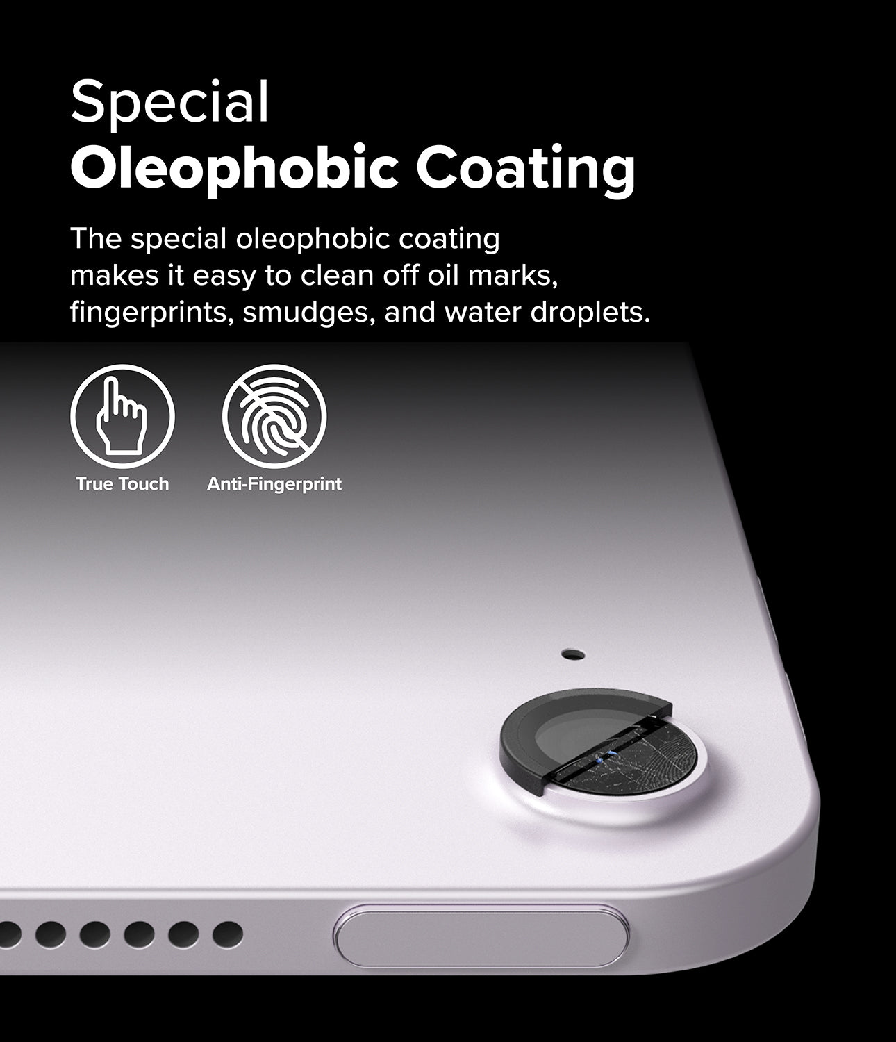 Camera Lens Frame Glass | iPad - Close-up of an iPad camera lens protector with oleophobic coating icons and descriptive text.