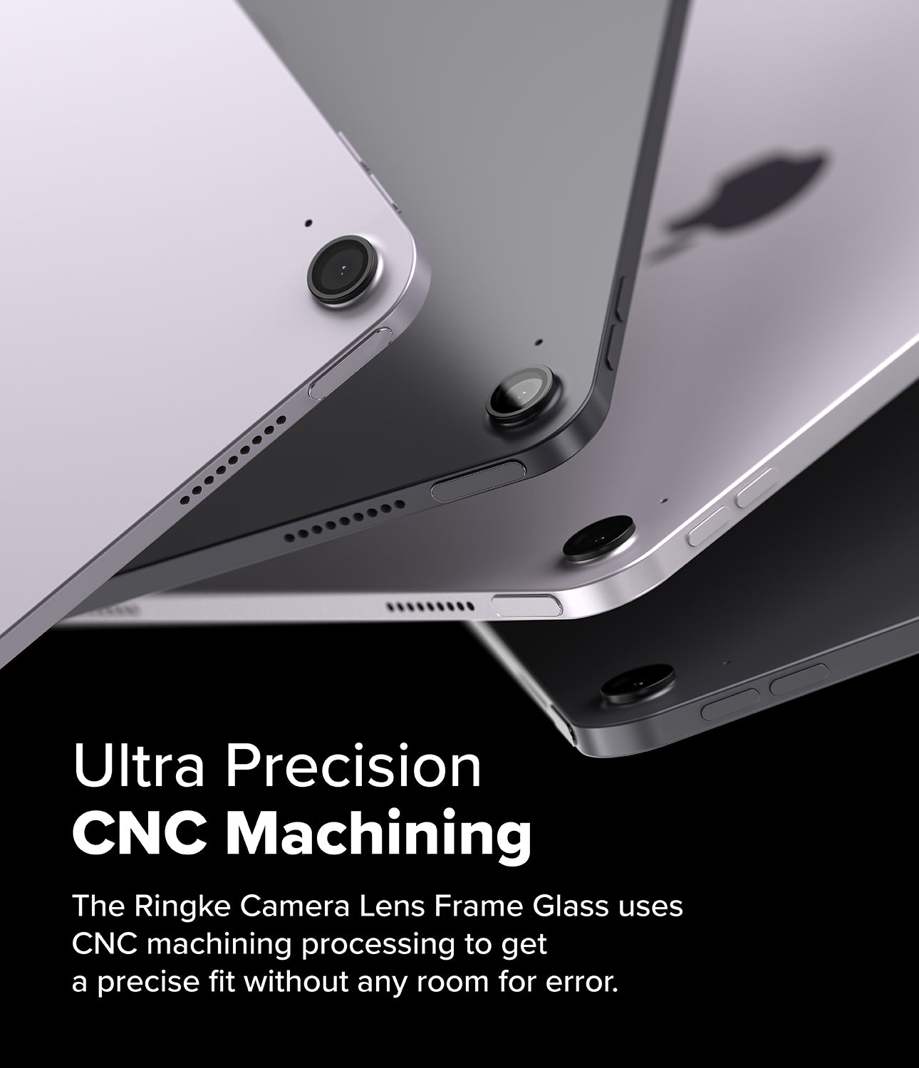 Camera Lens Frame Glass | iPad - Stacked iPads showing black camera lens frame glass protectors on their rear cameras.