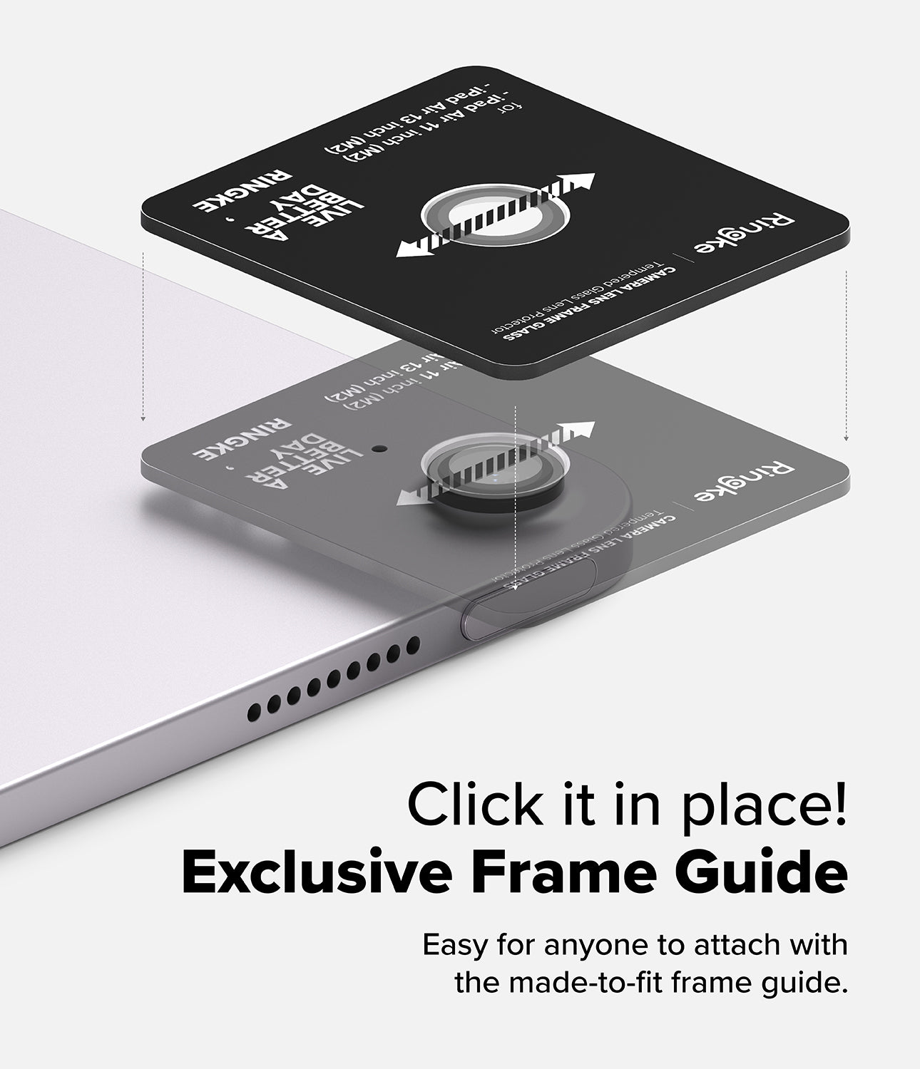 Camera Lens Frame Glass | iPad - Installation guide aligning a tempered glass lens protector onto an iPad camera.
