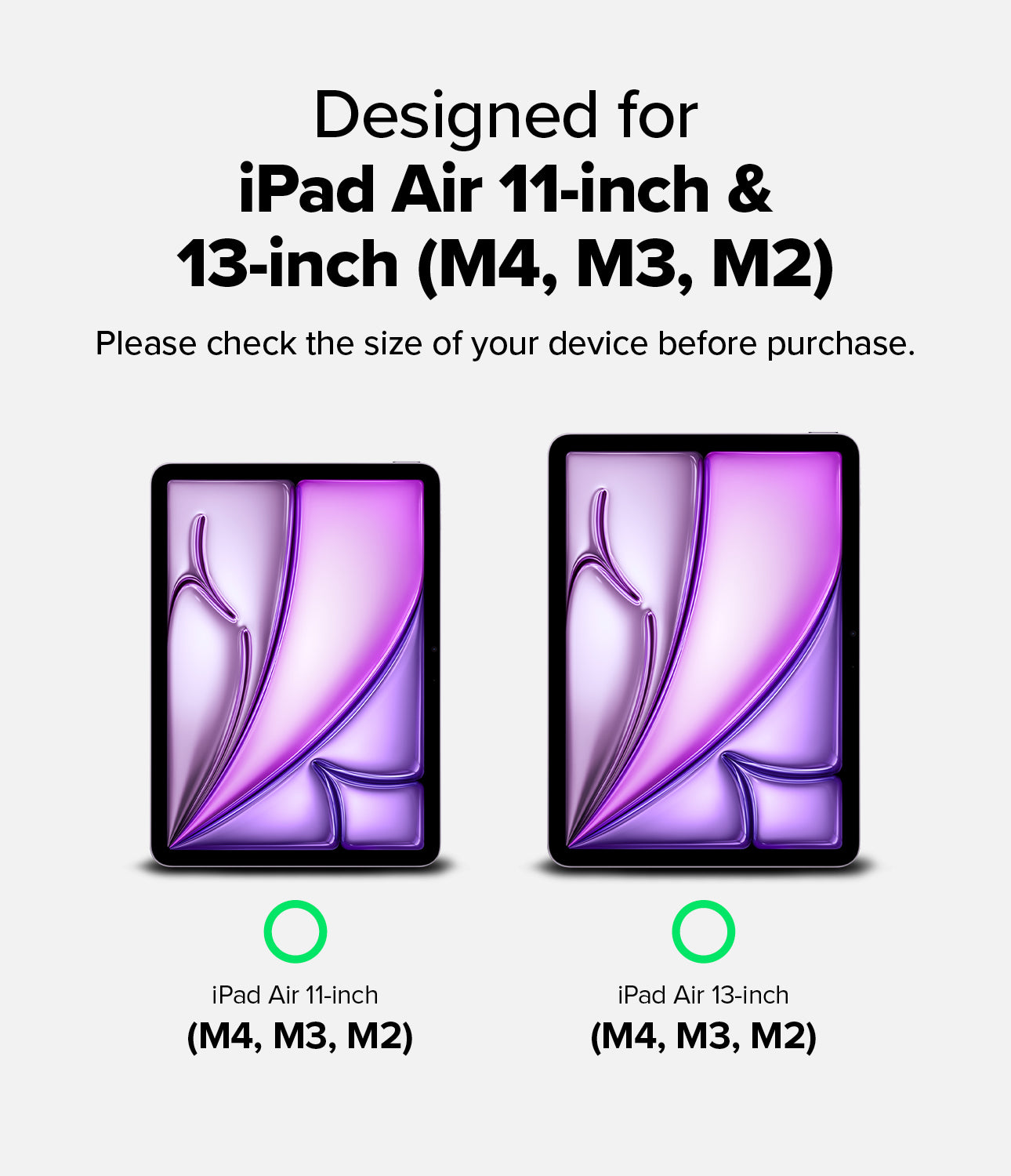 Camera Lens Frame Glass | iPad - Compatibility chart for 11-inch and 13-inch iPad Air models with purple abstract screens.