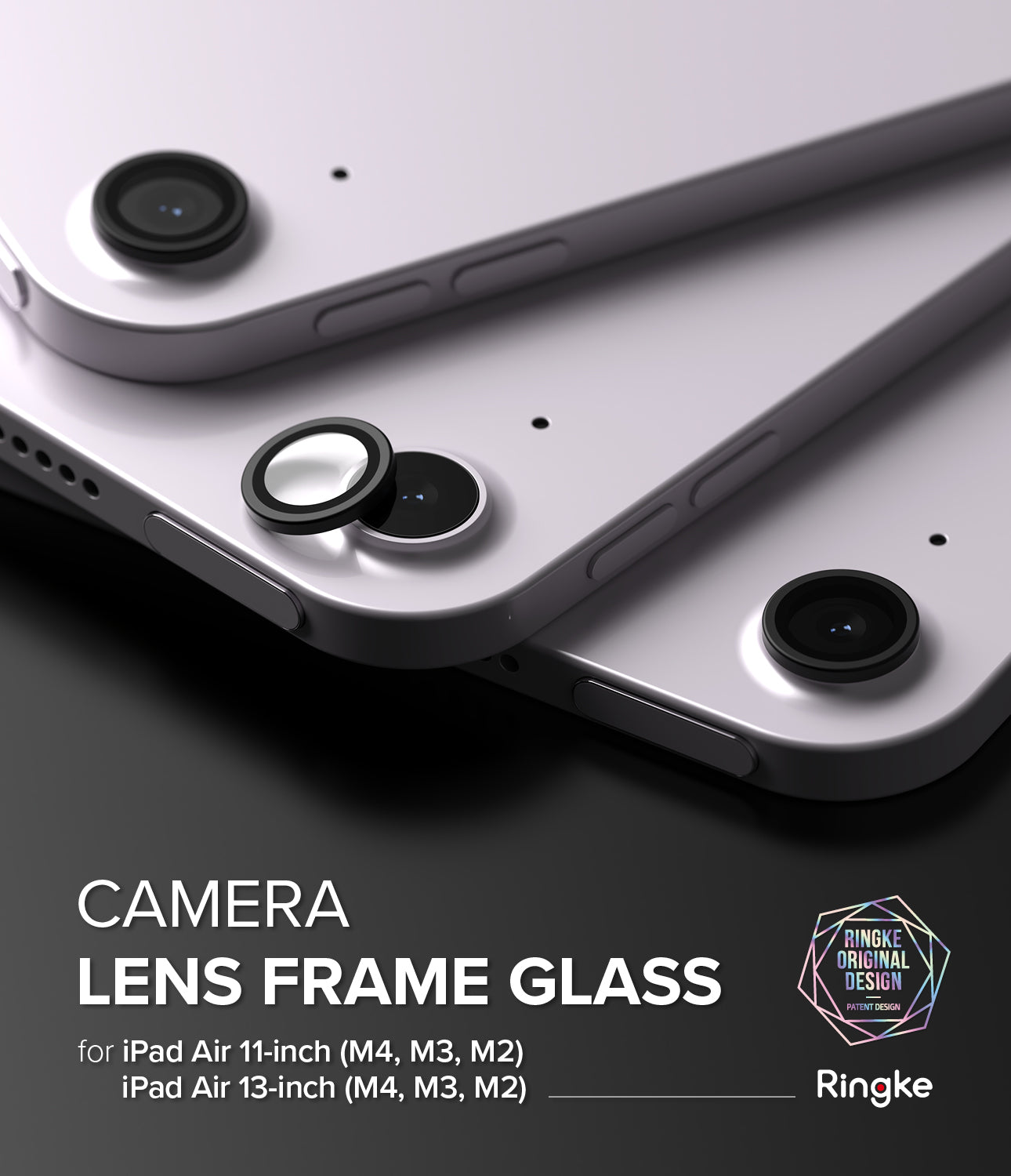 Camera Lens Frame Glass | iPad - Camera Lens Frame Glass - Protective black lens covers being applied to the rear camera of a silver iPad Air.