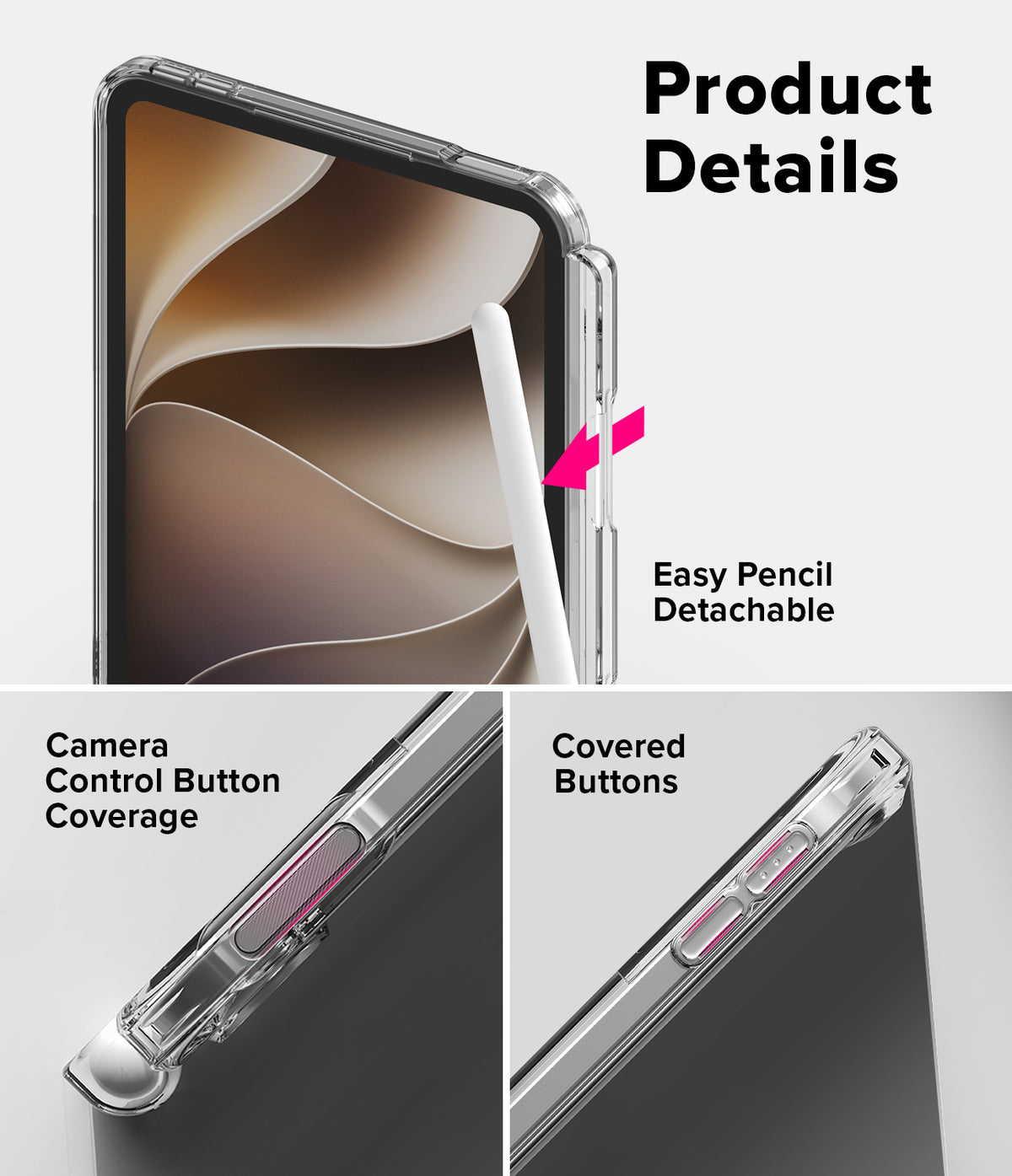 Apple iPad mini 8th A20 Pro Clear Case Ringke Fusion - Product details graphic showing a clear protective phone case on a smartphone, with text highlighting features such as a detachable pencil slot, camera control button coverage, and covered buttons. Two smaller detail views appear at the bottom.