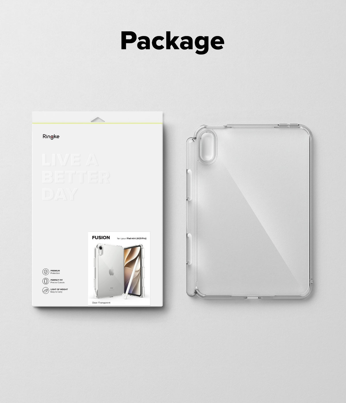 Apple iPad mini 8th A20 Pro Clear Case Ringke Fusion - A clear transparent protective case shown next to its white retail packaging box on a light gray background, with the word 'Package' printed above.