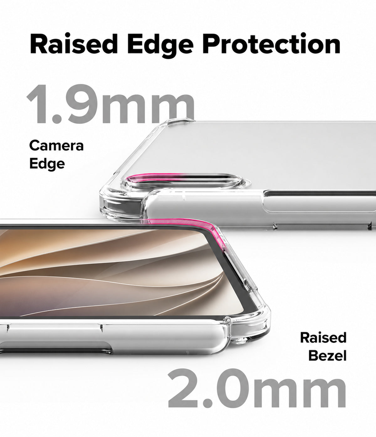 Apple iPad mini 8th A20 Pro Clear Case Ringke Fusion - A clear phone case shown from multiple angles with text highlighting raised edge protection: 1.9mm at the camera edge and 2.