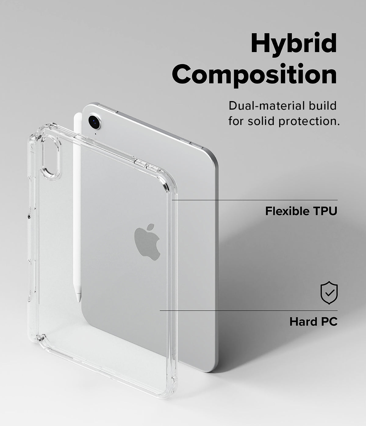 Apple iPad mini 8th A20 Pro Clear Case Ringke Fusion - Clear hybrid phone case shown around a silver smartphone on a light gray background, with text reading 'Hybrid Composition' and callouts for 'Flexible TPU' and 'Hard PC'.