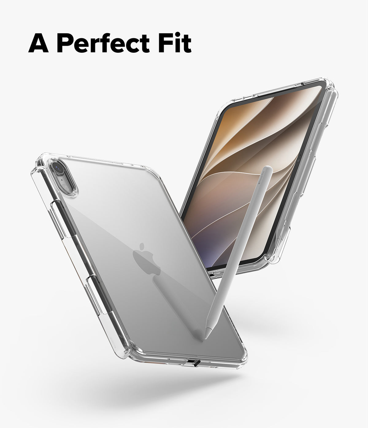 Apple iPad mini 8th A20 Pro Clear Case Ringke Fusion - A clear transparent phone case shown on two smartphones, one displaying the back and the other showing the front with a white stylus, with the text 'A Perfect Fit' at the top on a light gray background.