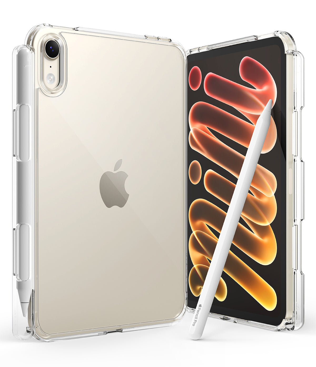 Apple iPad mini 8th A20 Pro Clear Case Ringke Fusion - A clear protective phone case shown on a smartphone, with the back view on the left and the front view on the right displaying a colorful screen. A white stylus rests against the front view.
