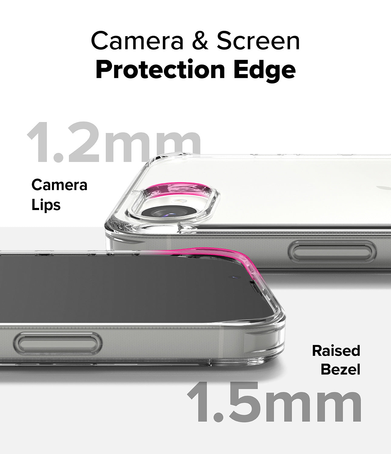 Fusion Clear Case for iPhone 17e - close-up of a clear phone case showing camera protection lips raised 1.2mm and raised bezel around the screen 1.5mm, highlighted in pink"