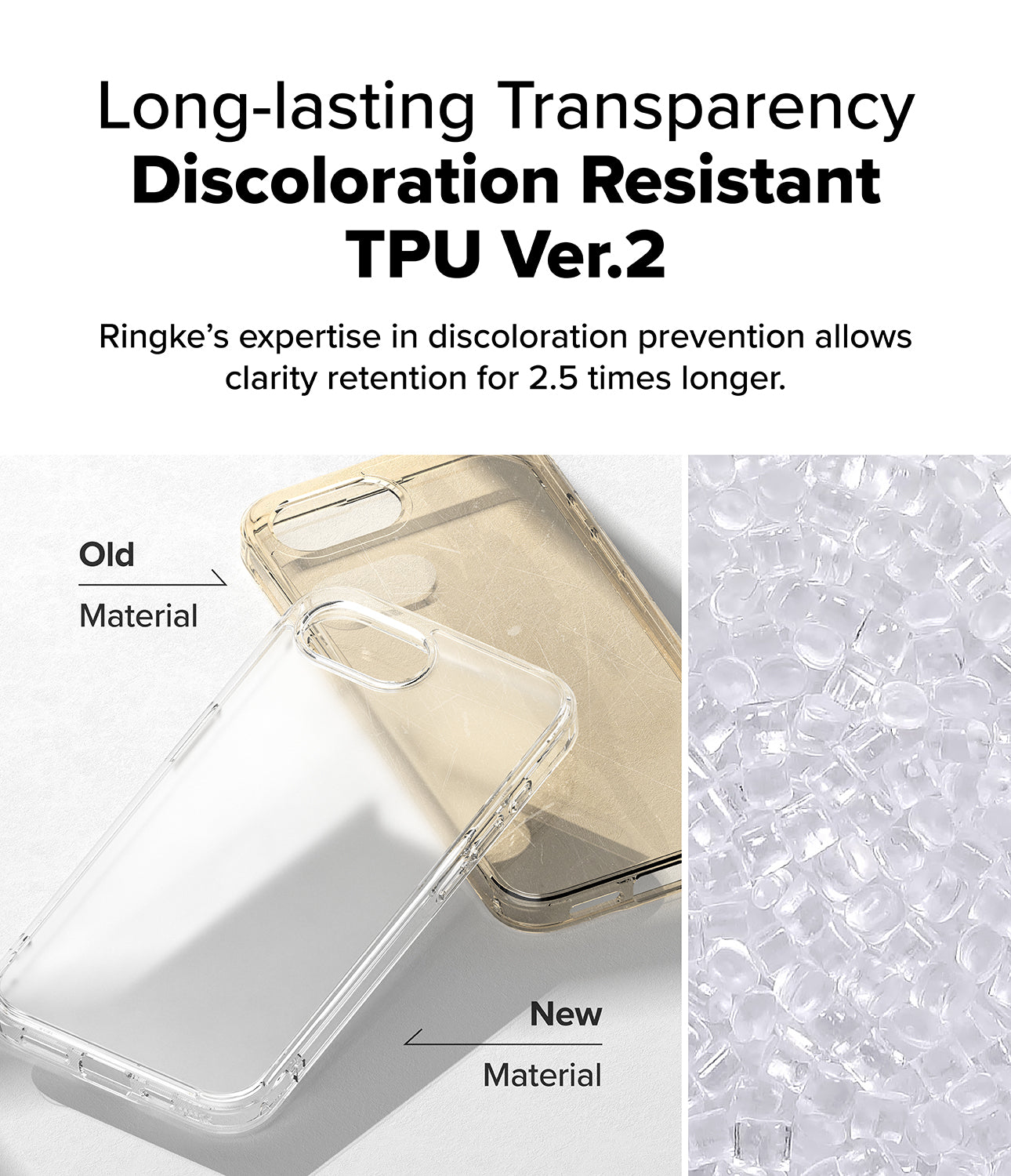 iPhone 17e Case | Fusion Matte - Comparison of yellowed old TPU case and clear new TPU case with raw material pellets.
