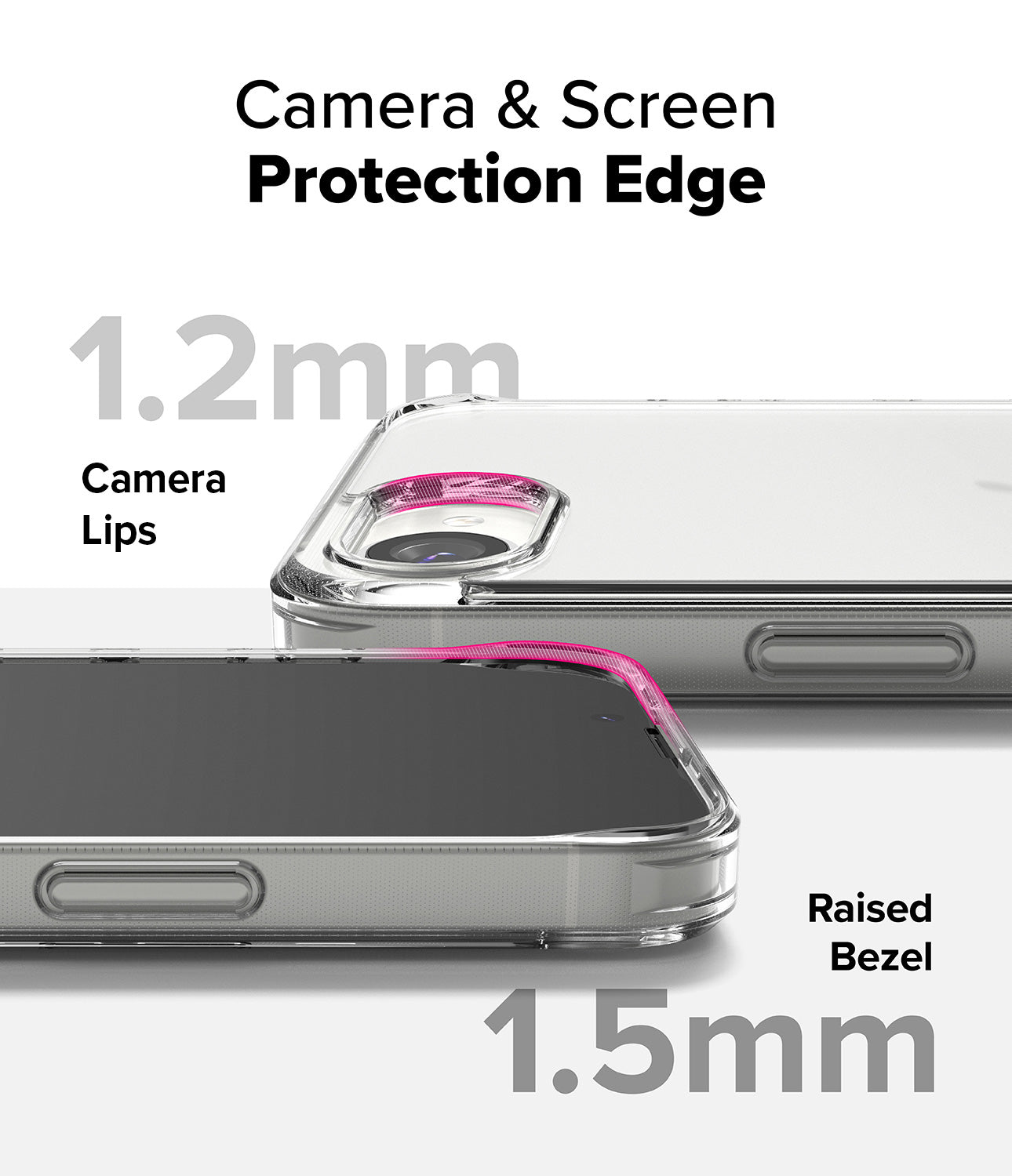 iPhone 17e Case | Fusion Matte - Clear phone case showing 1.2mm camera lips and 1.5mm raised screen bezel for protection.