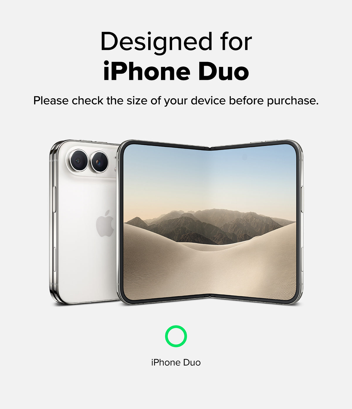 iPhone Duo | Camera Full Cover Tempered Glass (2P) - A clear protective case shown on a silver iPhone, with the phone displayed alongside a folded smartphone screen showing a desert landscape wallpaper. Text at the top reads 'Designed for iPhone Duo' and 'Please check the size of your device before purchase.
