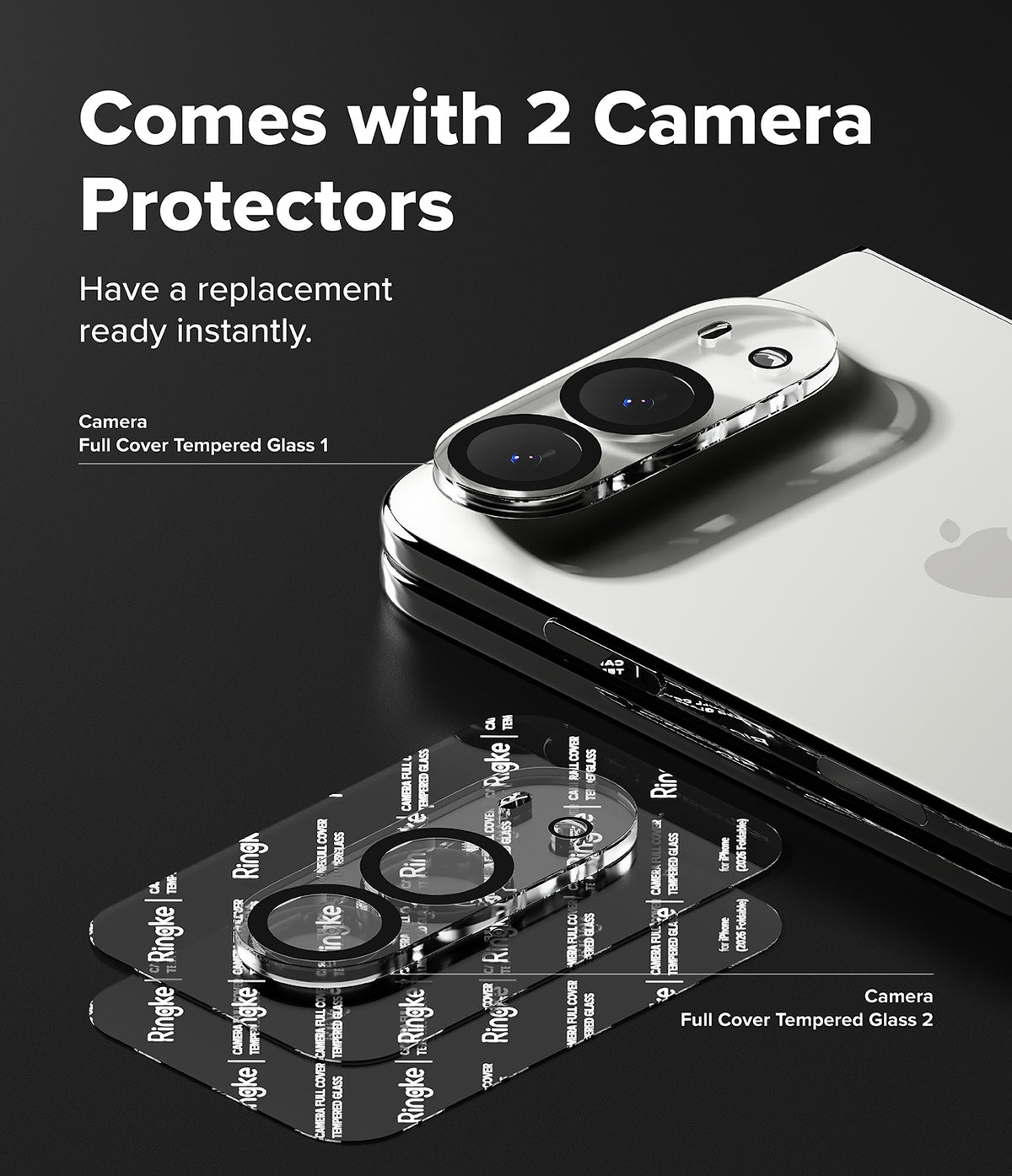 iPhone Duo | Camera Full Cover Tempered Glass (2P) - Two clear camera lens protectors displayed on top of a smartphone camera module, with the text 'Comes with 2 Camera Protectors' on a dark background.