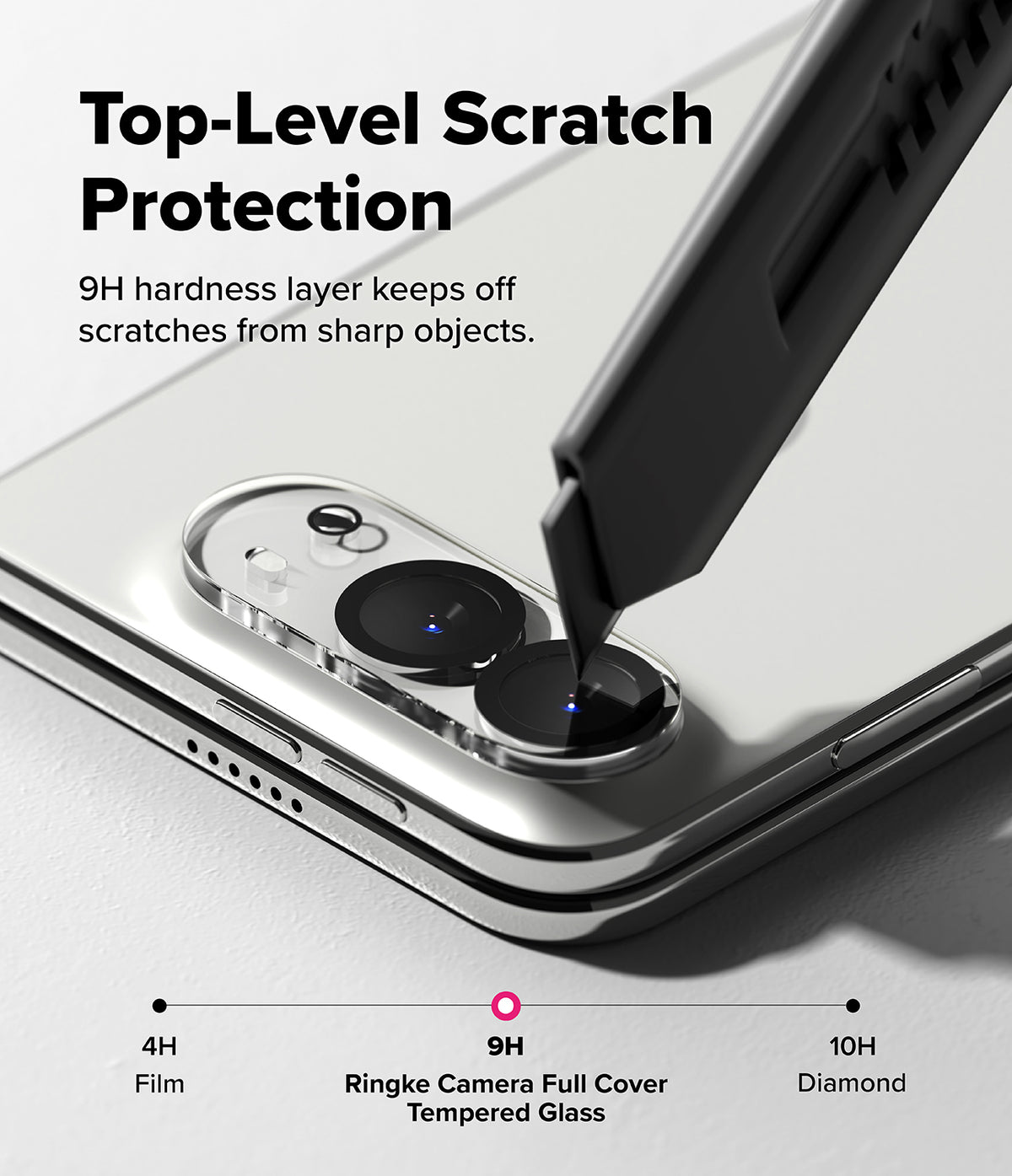 iPhone Duo | Camera Full Cover Tempered Glass (2P) - Close-up of a smartphone camera area with a transparent protective cover over the lenses and overlaid marketing text reading 'Top-Level Scratch Protection' and '9H hardness layer keeps off scratches from sharp objects.' A stylus is shown touching the camera area to demonstrate protection.
