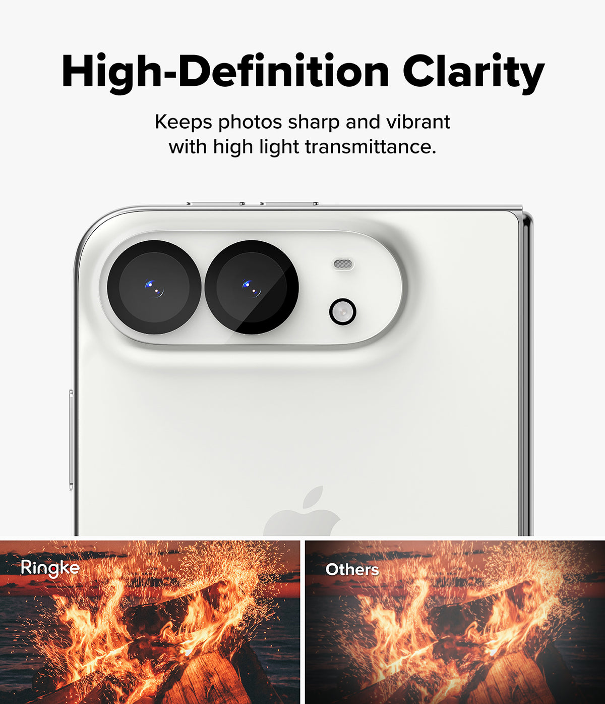 iPhone Duo | Camera Full Cover Tempered Glass (2P) - A close-up of a white smartphone showing the rear camera area and a faint Apple logo, with marketing text above reading 'High-Definition Clarity' and two small comparison thumbnails below.