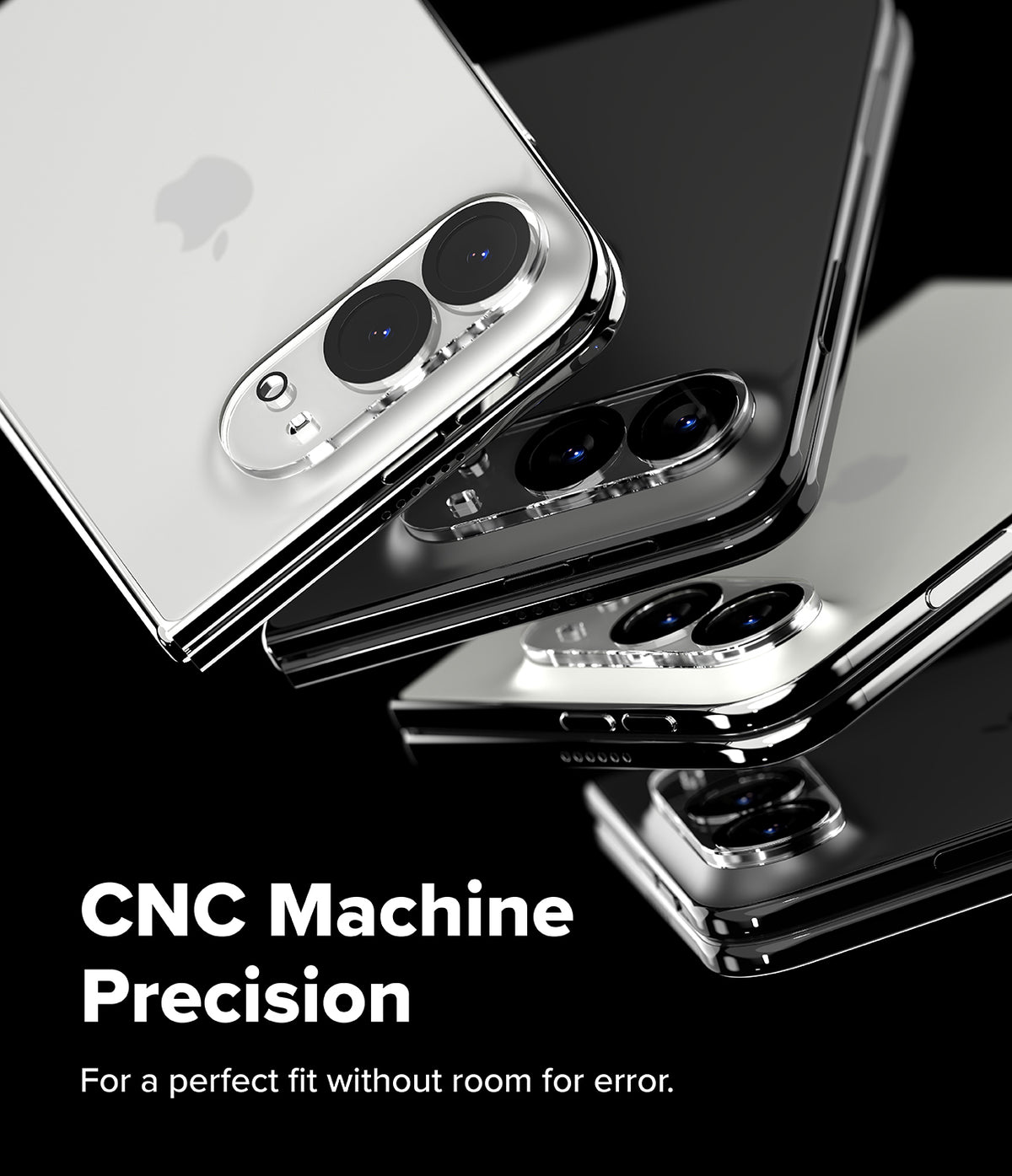 iPhone Duo | Camera Full Cover Tempered Glass (2P) - Three smartphone cases shown at an angle on a black background, with one silver case on top and two black cases below. Large white text reads 'CNC Machine Precision' and smaller text says 'For a perfect fit without room for error.
