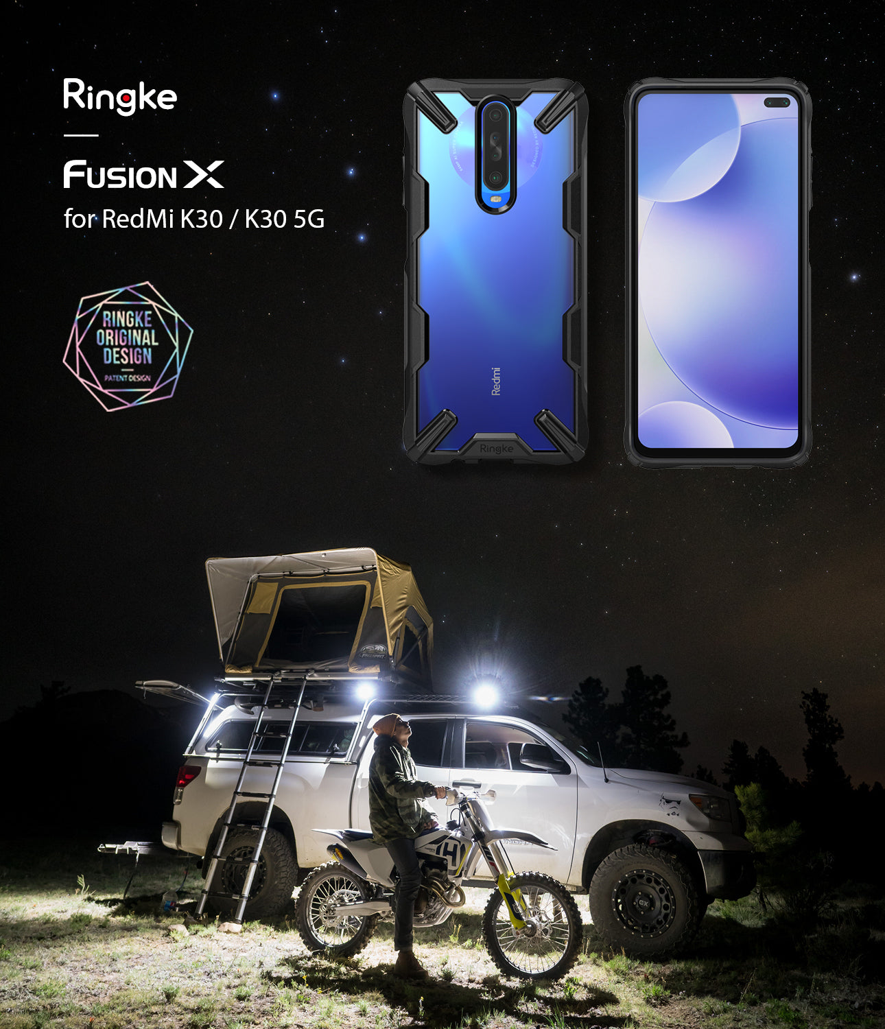Redmi K30 Case | Fusion-X - Black rugged phone case shown from front and back against a starry night camping background.