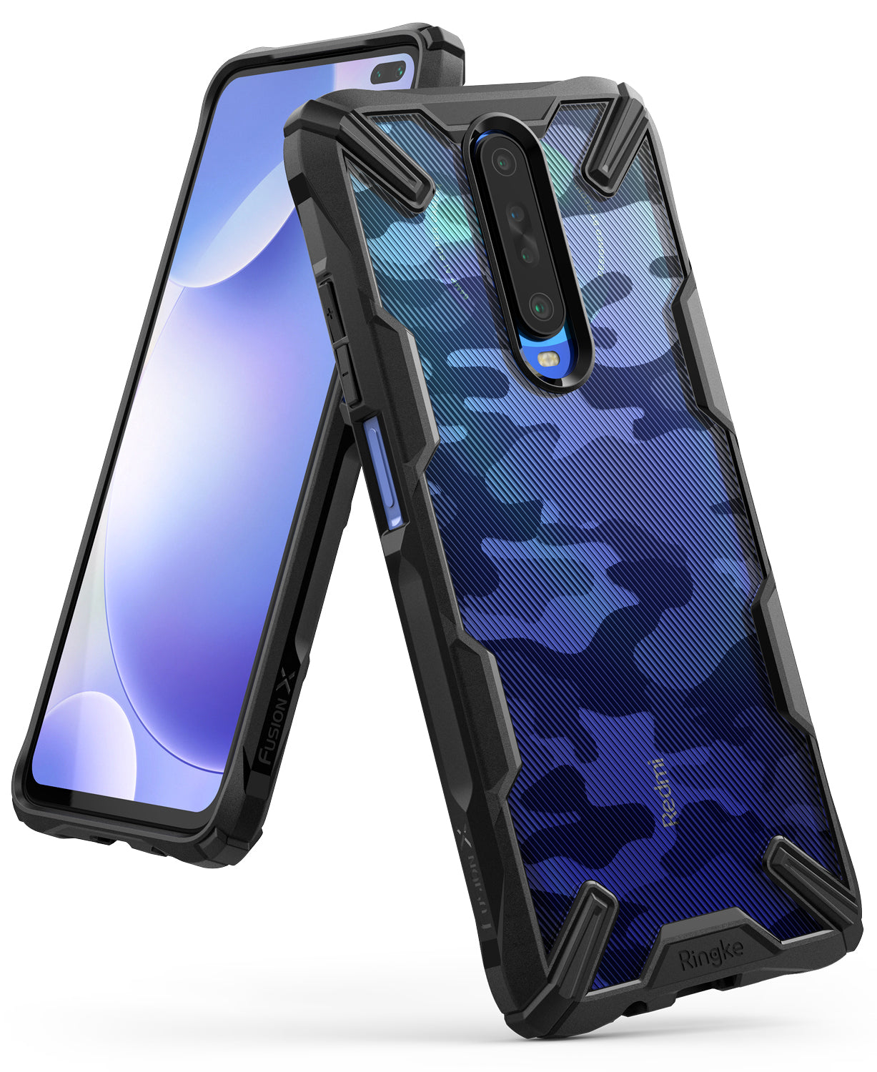 Redmi K30 Case | Fusion-X - Redmi K30 in a black, rugged Fusion-X case with a blue camouflage back pattern.