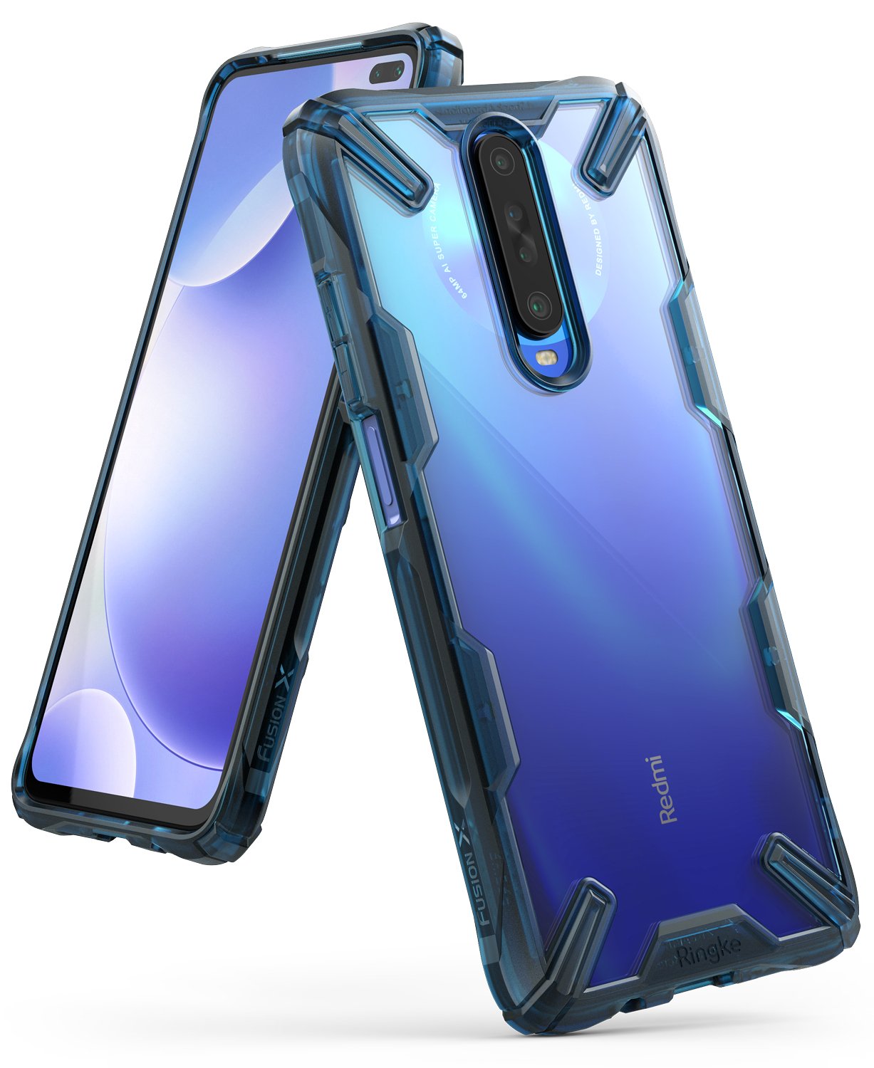Redmi K30 Case | Fusion-X - Blue transparent rugged phone case with reinforced corners and camera cutout on a Redmi K30.