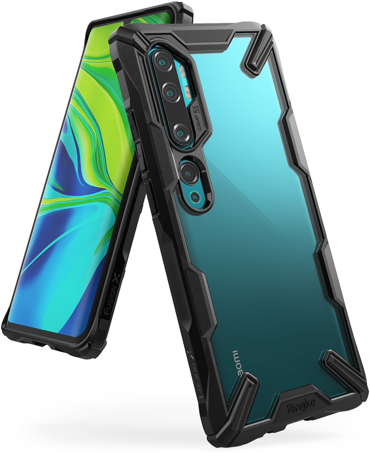 Mi Note 10 / 10 Pro Case | Fusion-X - Black rugged protective case on a Mi Note 10 smartphone with a clear back panel.