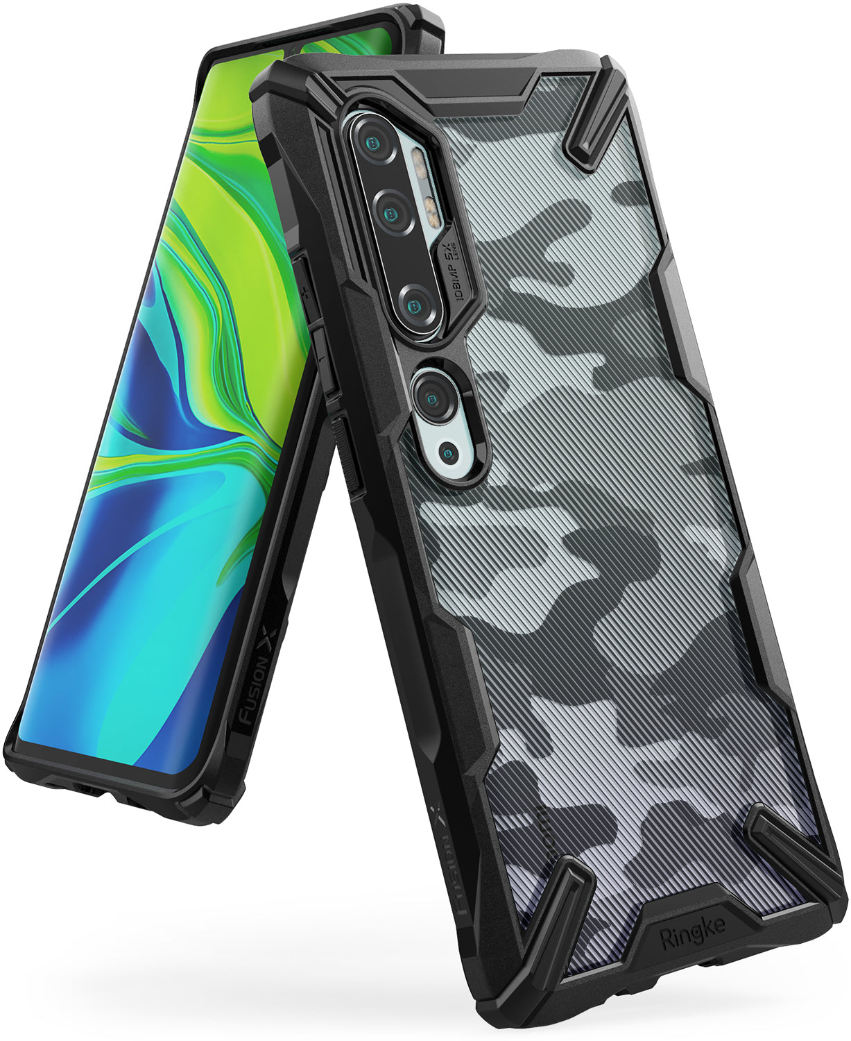 Mi Note 10 / 10 Pro Case | Fusion-X - Black camouflage phone case with rugged bumper and clear back on a smartphone.