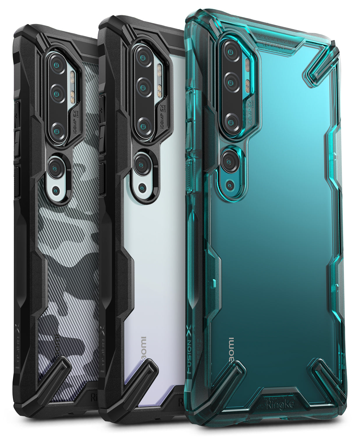 Mi Note 10 / 10 Pro Case | Fusion-X - Three Mi Note 10 phones in camouflage, clear, and teal Fusion-X protective cases.