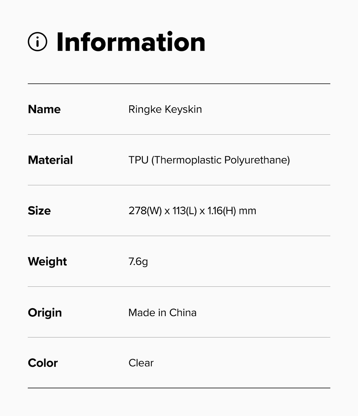 MacBook Neo | Keyskin - An information card with a light gray background and black text listing product details: name Ringke Keyskin, material TPU, size 278(W) x 113(L) x 1.16(H) mm, weight 7.