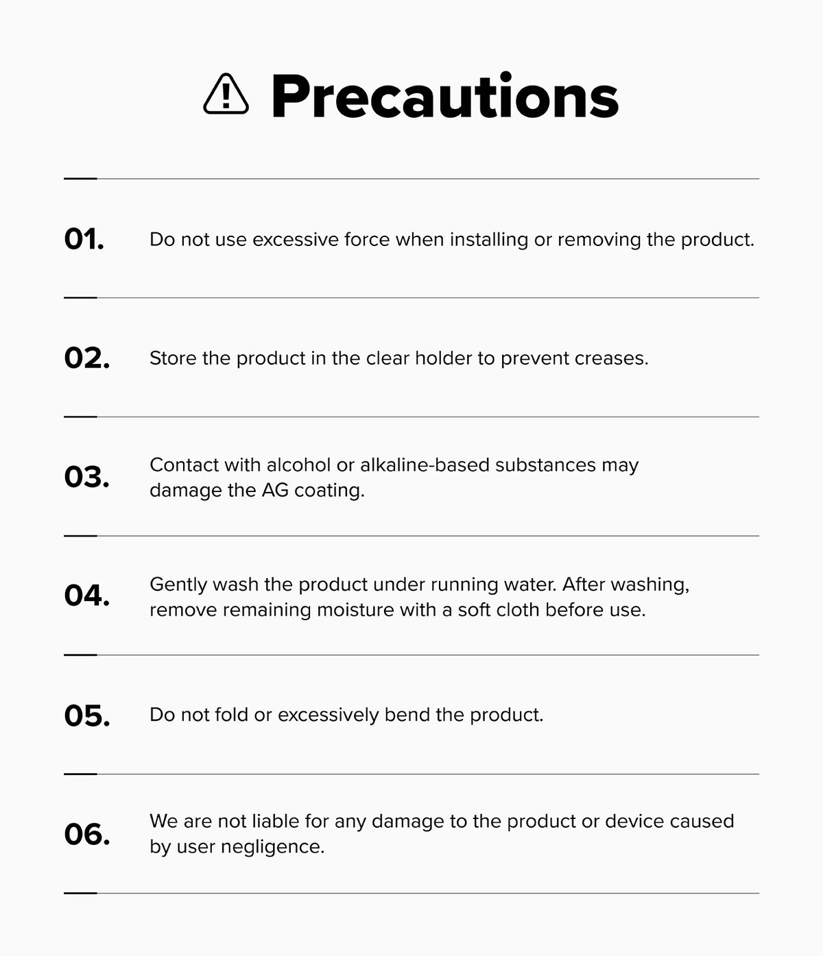 MacBook Neo | Magnetic AG Privacy Film - A printed precautions sheet with a warning icon and the heading 'Precautions' followed by six numbered safety and care instructions in black text on a white background.