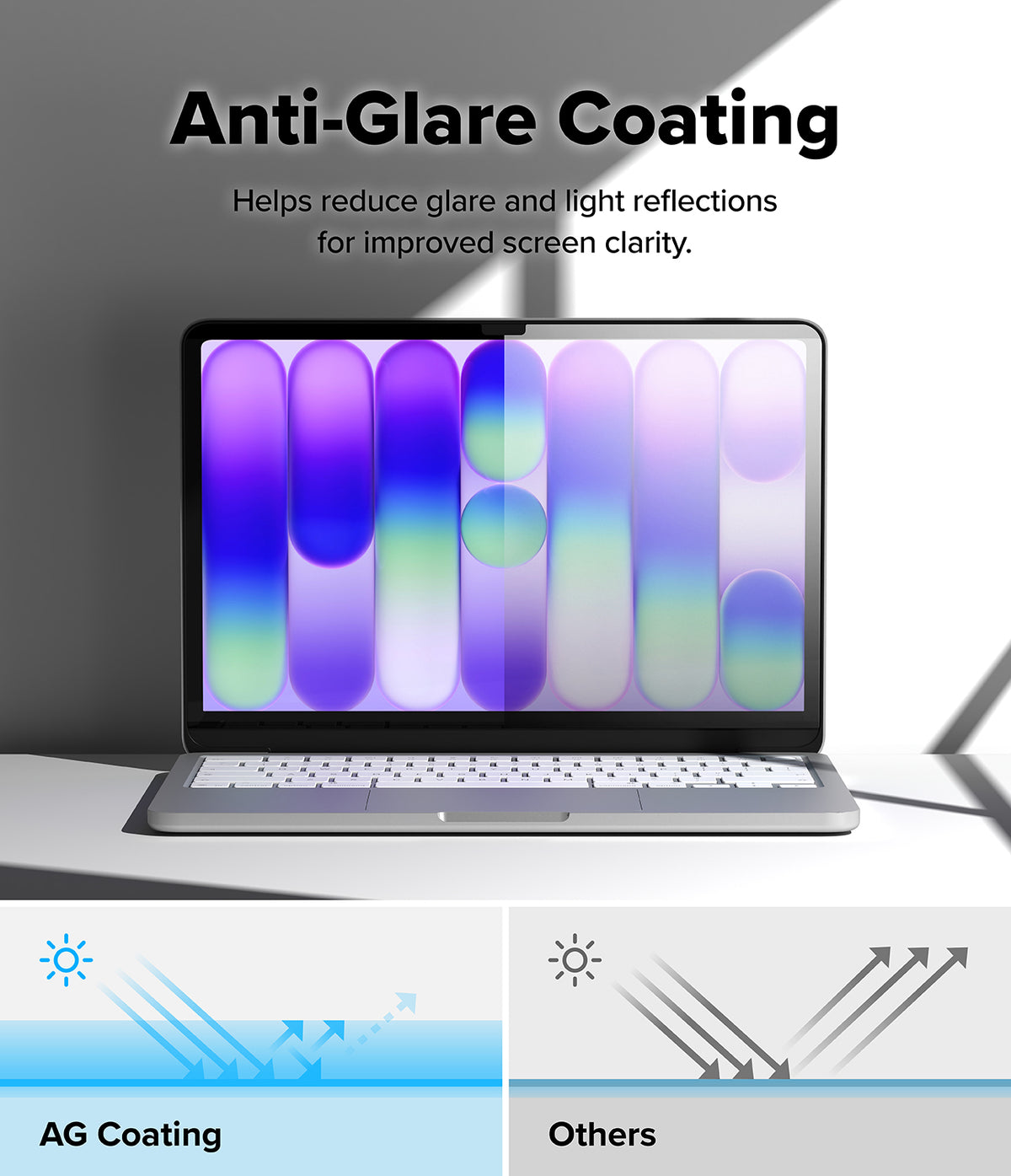 MacBook Neo | Magnetic AG Privacy Film - A laptop on a white surface with text reading 'Anti-Glare Coating' above it, plus two explanatory panels at the bottom comparing glare reduction with AG coating and other coatings. The product being shown is a laptop, but the image is primarily an explanatory marketing graphic about screen coating rather than a clean standalone product shot.
