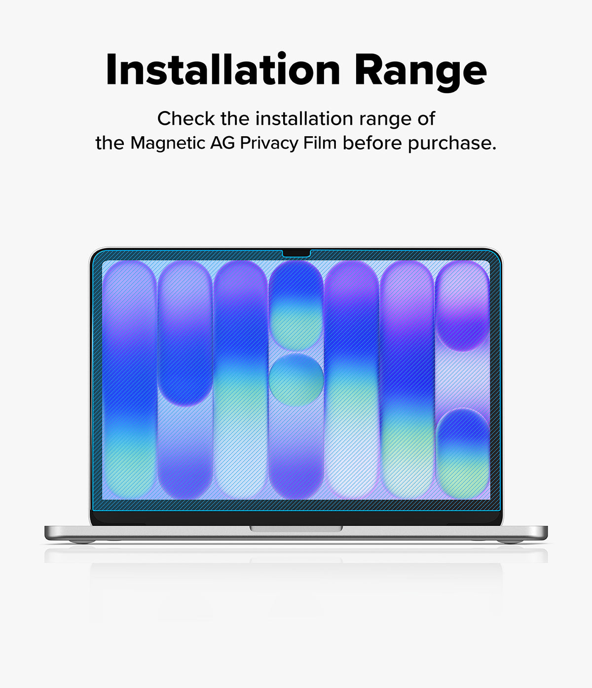 MacBook Neo | Magnetic AG Privacy Film - A laptop on a light gray background with text above reading 'Installation Range' and 'Check the installation range of the Magnetic AG Privacy Film before purchase.' The laptop screen shows a blue, purple, and green abstract pattern.