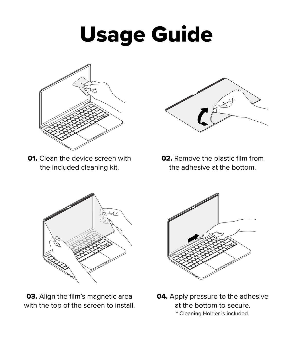 MacBook Neo | Magnetic AG Privacy Film - A usage guide diagram with four numbered steps showing how to install a screen protector on a laptop, including illustrations of hands, a laptop, and arrows indicating motion.