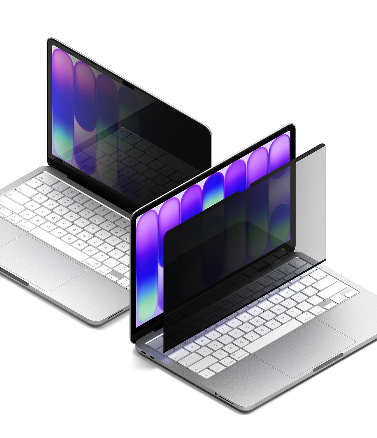 MacBook Neo | Magnetic AG Privacy Film - Two silver laptops with transparent screen protectors shown at an angle on a clean white background.