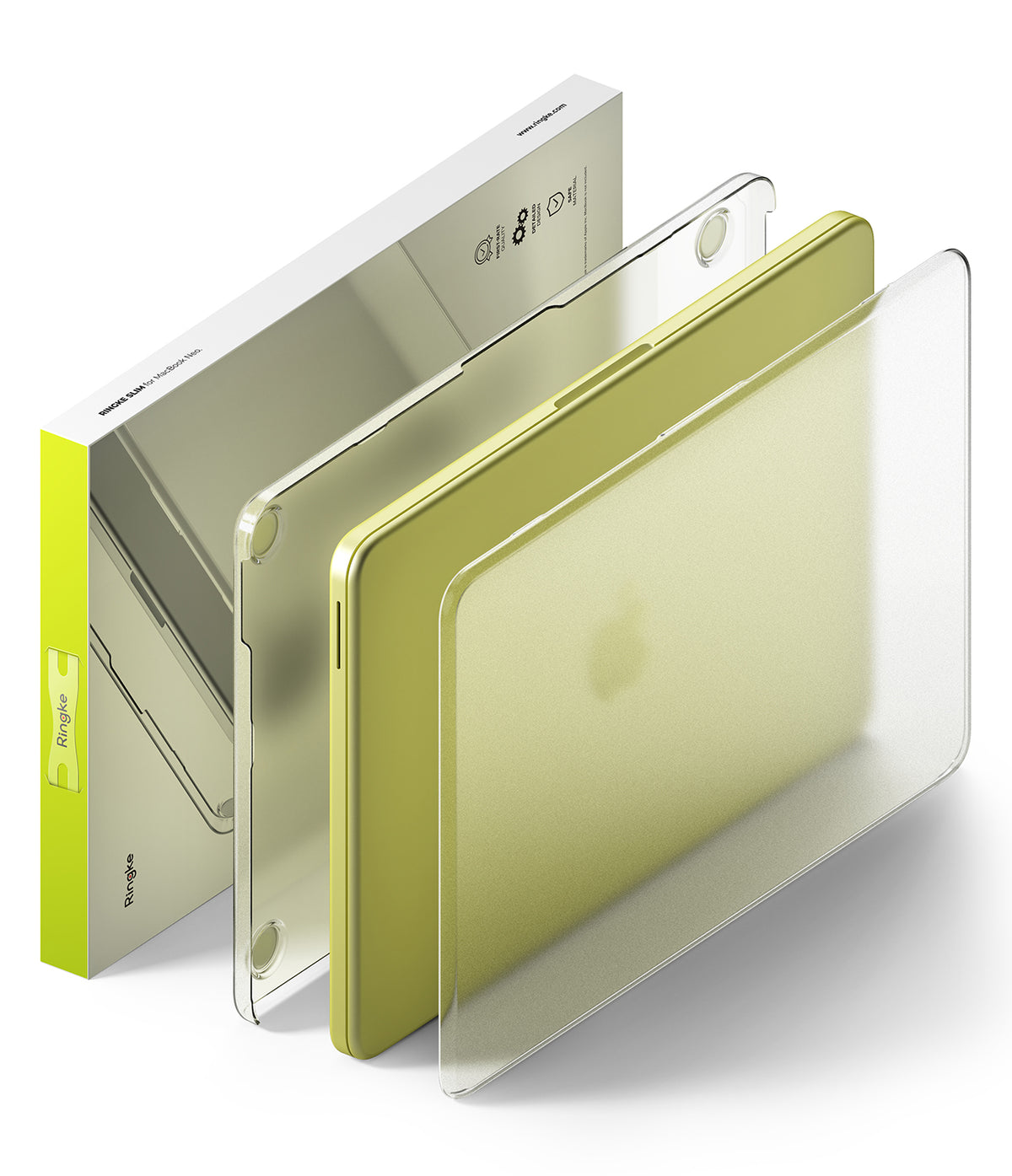 MacBook Neo | Slim - A clear protective case and matching clear screen protector shown partially slid off a pale yellow-green tablet, with the product packaging box visible behind it on a white background.