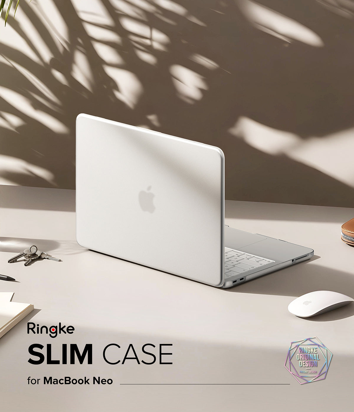 MacBook Neo | Slim - A white slim protective case for a MacBook Neo is shown on a desk with a silver MacBook inside, alongside a white mouse, keys, and notebooks. The image features text overlays reading 'Ringke SLIM CASE for MacBook Neo' and a 'MacBook Unboxing Experience' badge, set against a warm beige wall with leaf shadows.