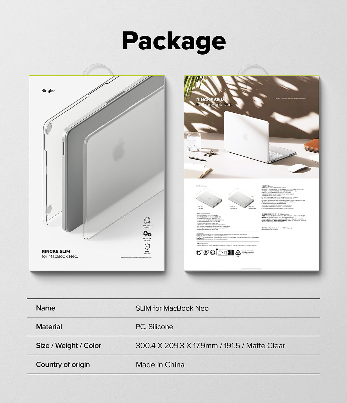 MacBook Neo | Slim - Product packaging presentation for a slim protective case for MacBook Neo, showing the front and back of the box on a light gray background with a specification table below. The packaging is white with black text and a thin yellow-green accent line.