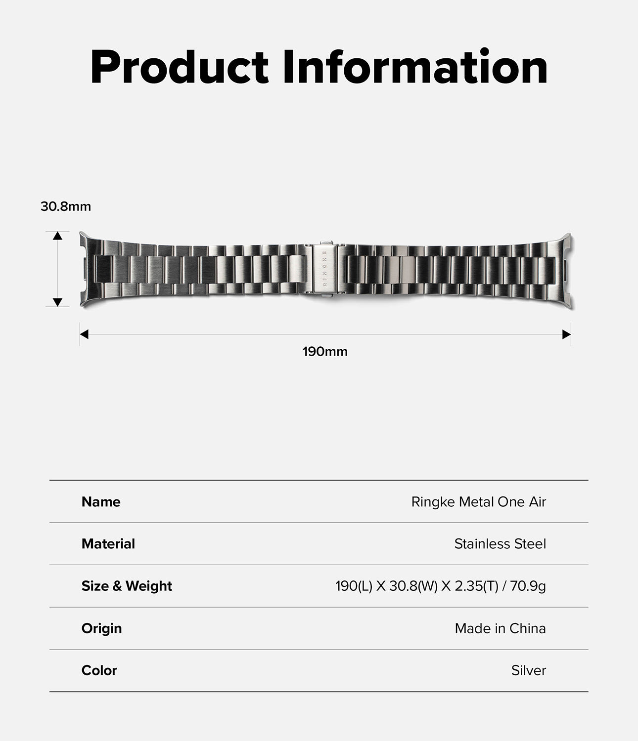 Galaxy Watch 9 / 8 | Metal One Air - Product information graphic for a silver stainless steel watch band, showing a side-view diagram of the band with dimensions labeled 30.8mm and 190mm, plus a specification table listing name, material, size, weight, origin, and color.