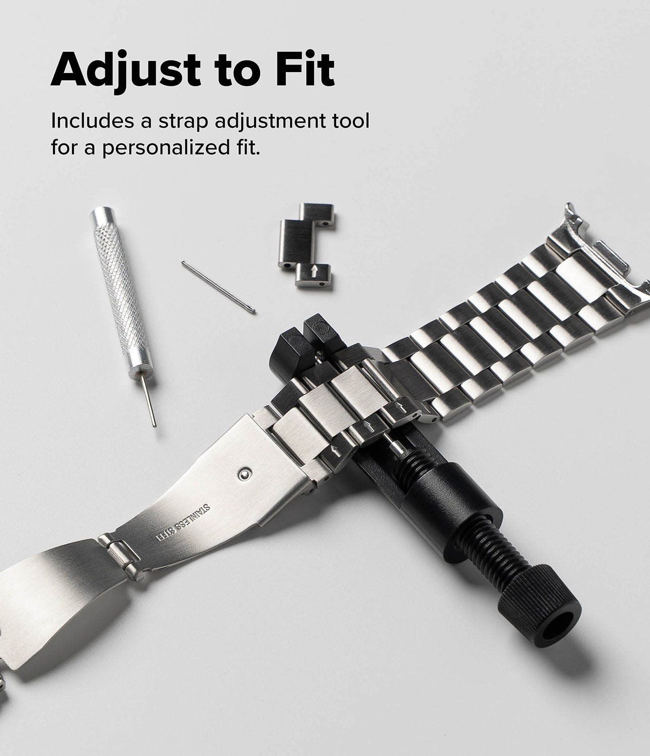 Galaxy Watch 9 / 8 | Metal One Air - Silver metal watch strap adjustment tool and accessories laid out on a light gray background with the text 'Adjust to Fit' and 'Includes a strap adjustment tool for a personalized fit.'.