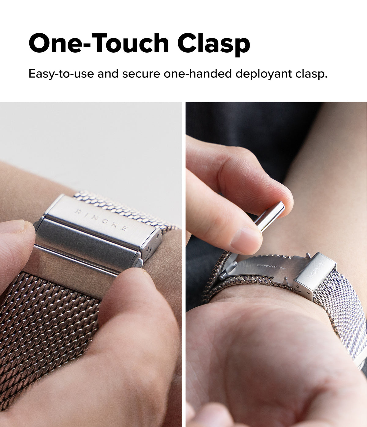 Apple Watch 49·46·45·44 mm | Metal One Mesh - Two close-up photos demonstrate a metal mesh watch band with a one-touch clasp being deployed onto a wrist. Text at the top reads 'One-Touch Clasp' with a subtitle explaining the easy-to-use clasp.