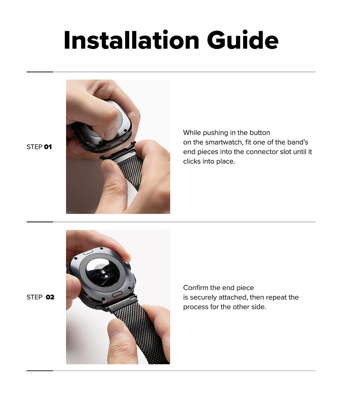 Galaxy Watch Ultra 2 / 1 | Metal One Mesh - An installation guide diagram showing how to attach a black mesh band to a dark gray smartwatch, with two labeled steps and instructional text on a white background.