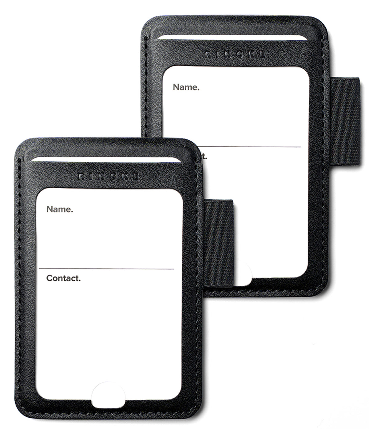 Pen Holder | Name Tag (2P) - Two black leather luggage tags with white insert cards and black elastic loops, shown on a plain white background.