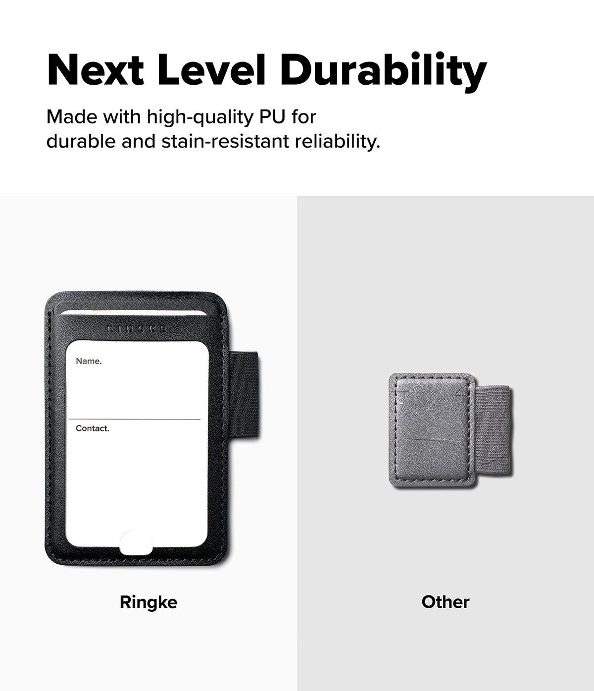 Pen Holder | Name Tag (2P) - Promotional comparison graphic showing a black phone case with a card slot labeled 'Ringke' on the left and a gray phone case labeled 'Other' on the right, under the headline 'Next Level Durability' with text about high-quality PU material.